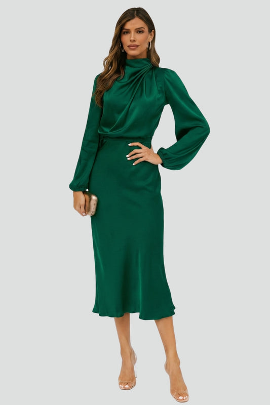 Sophisticated high neck long sleeve midi dress. Women's formal wear, ideal for elegant cocktail parties.