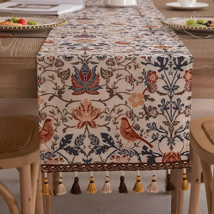Vintage style floral jacquard table runner featuring bird motif, perfect for coffee table decor.