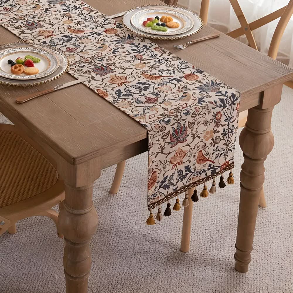 Decorative jacquard table runner with elegant floral & bird design for kitchen and dining areas.