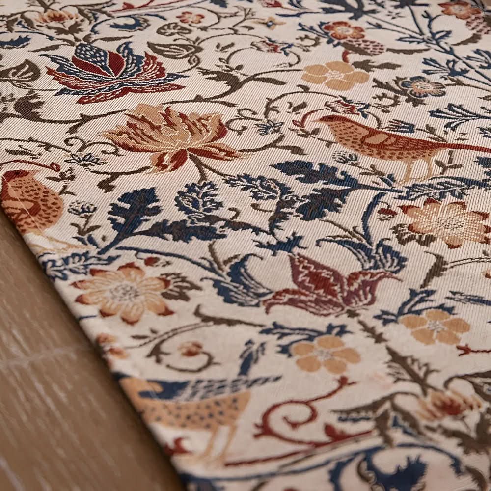Unique jacquard table runner, a perfect gift, featuring elegant floral & bird details for home decor.