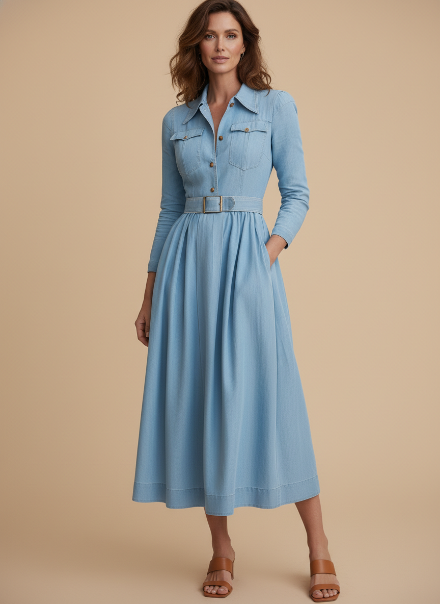 Elegant light blue women's belted shirt midi dress with fit & flare style, perfect for versatile wear or workwear.