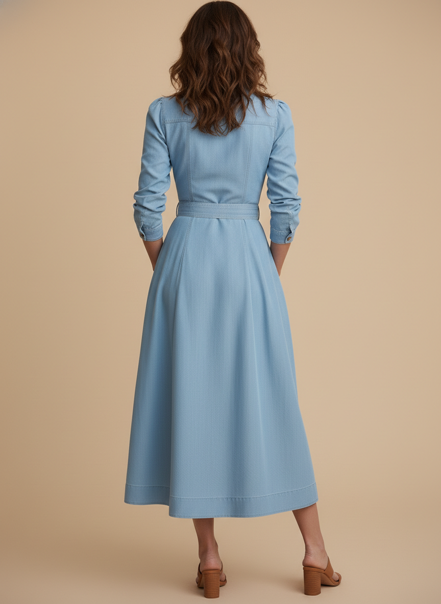 Women's long sleeve belted shirt midi dress in light blue, elegant fit & flare for casual or workwear style.