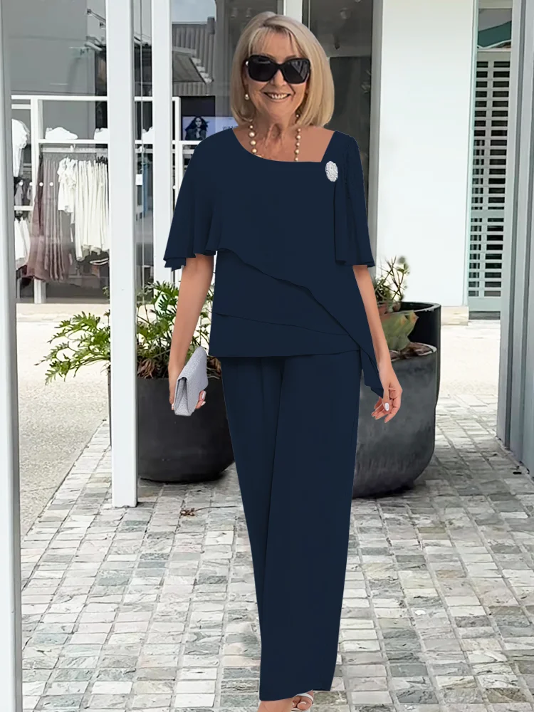Formal navy blue women's set: stylish cape top and trousers for special events, parties & weddings.