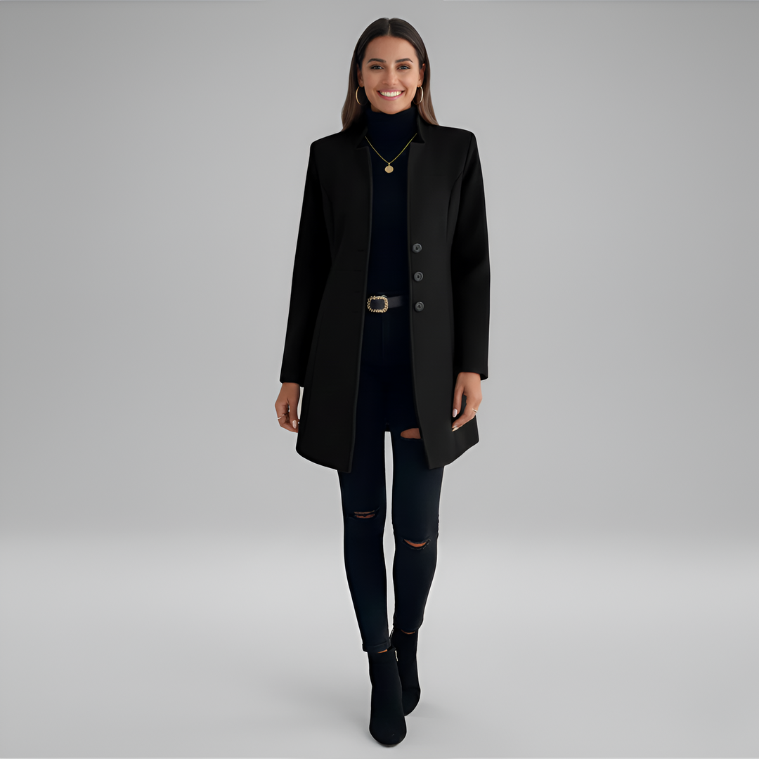 Chic women's formal long coat with button-front closure, ideal for stylish winter fashion.
