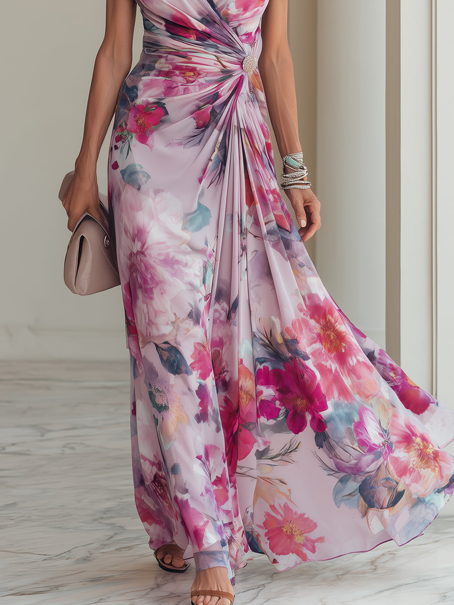 Magenta floral print V-neck wrap maxi dress for women, with elegant short sleeves and a flattering ruched waist design.
