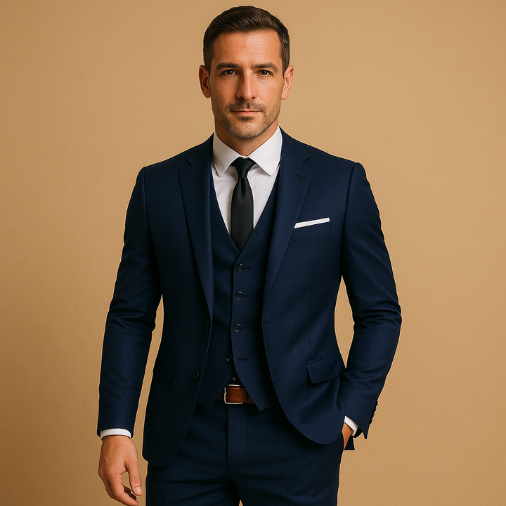 Sophisticated men's 3-piece suit, slim fit with vest & classic lapel, excellent for business attire & formal occasions.