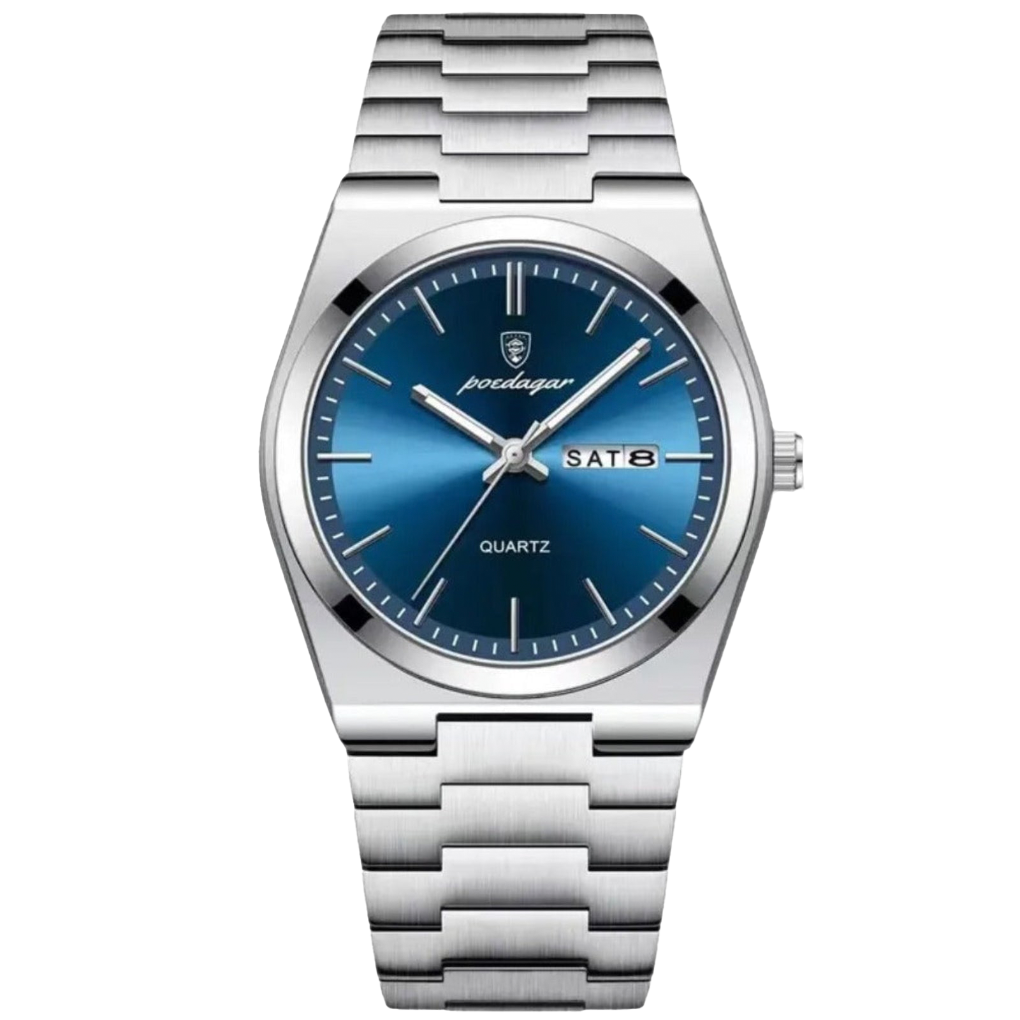Close-up of a men's classic watch face, showing the date display. An elegant and durable men's formal timepiece.
