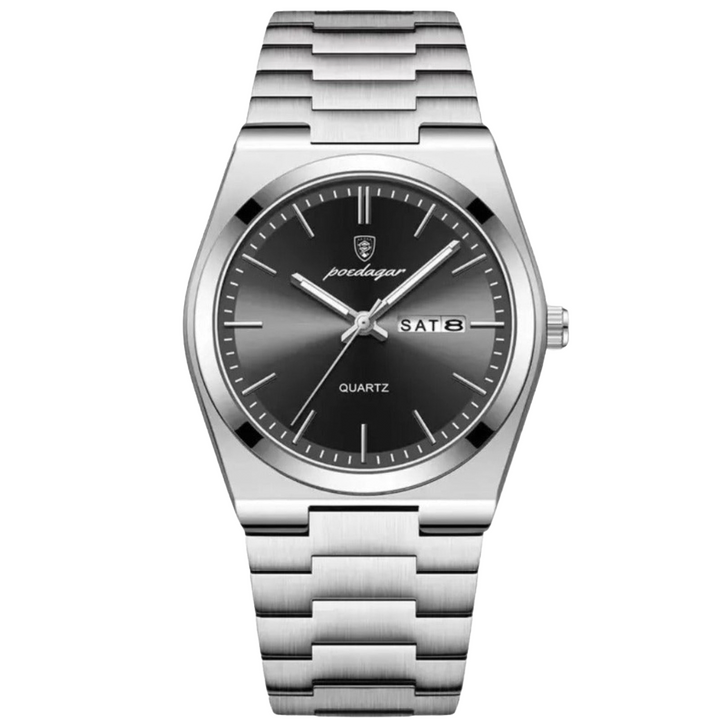 Stylish men's classic wristwatch on a wrist, showcasing its elegant design & practical date display. Durable.