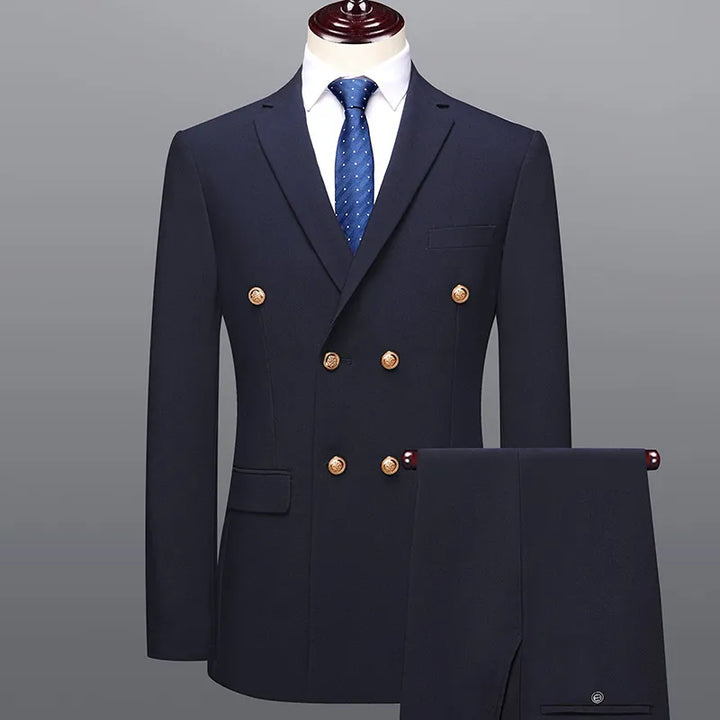 Elegant men's dark blue double-breasted suit. Perfect for formal events, weddings, and business attire.