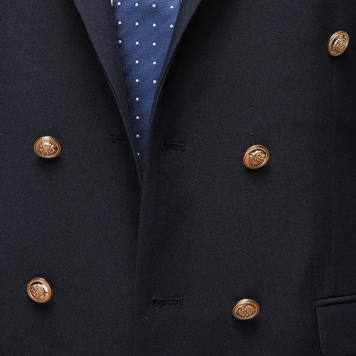 Tailored dark blue double-breasted men's two-piece suit. A sophisticated choice for formal events & business wear.