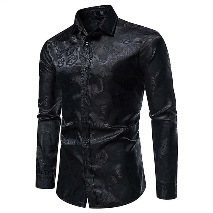 Elegant men's glossy long sleeve shirt, perfect for formal wear & special occasions. Tailored for a sleek look.