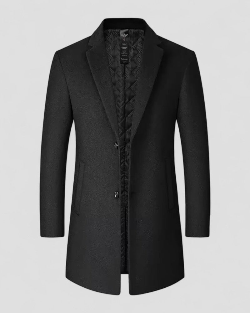 Elegant men's long trench coat. Classic winter overcoat for formal or smart casual wear. Stylish outerwear.
