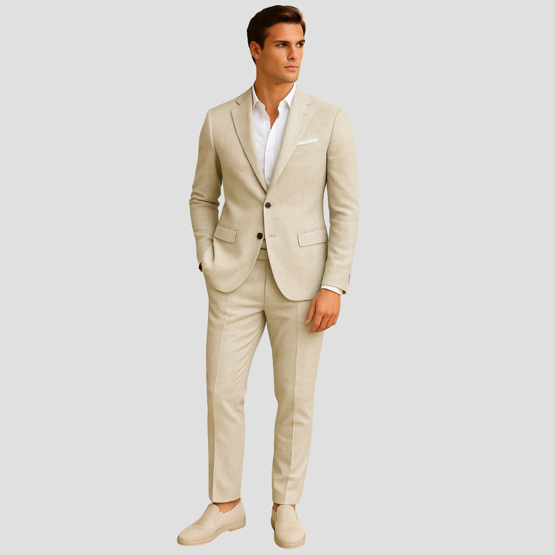 Elegant men's summer suit, lightweight two-piece, perfect for warm weather events & weddings. Modern fit.