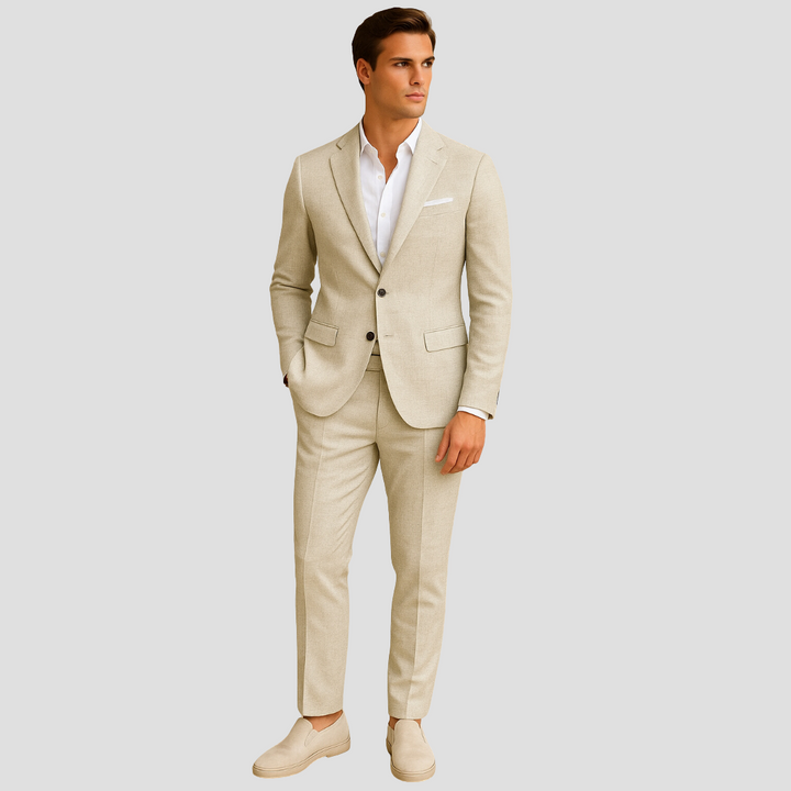 Elegant men's summer suit, lightweight two-piece, perfect for warm weather events & weddings. Modern fit.