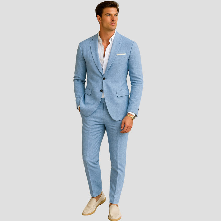 Stylish men's lightweight summer suit. Elegant two-piece for warm weather, featuring a modern, breathable design.