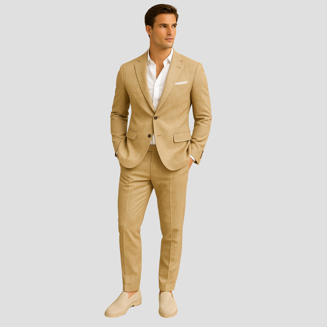 Comfortable men's summer suit. Two-piece elegant formal wear for weddings, parties, and warm weather outdoor events.
