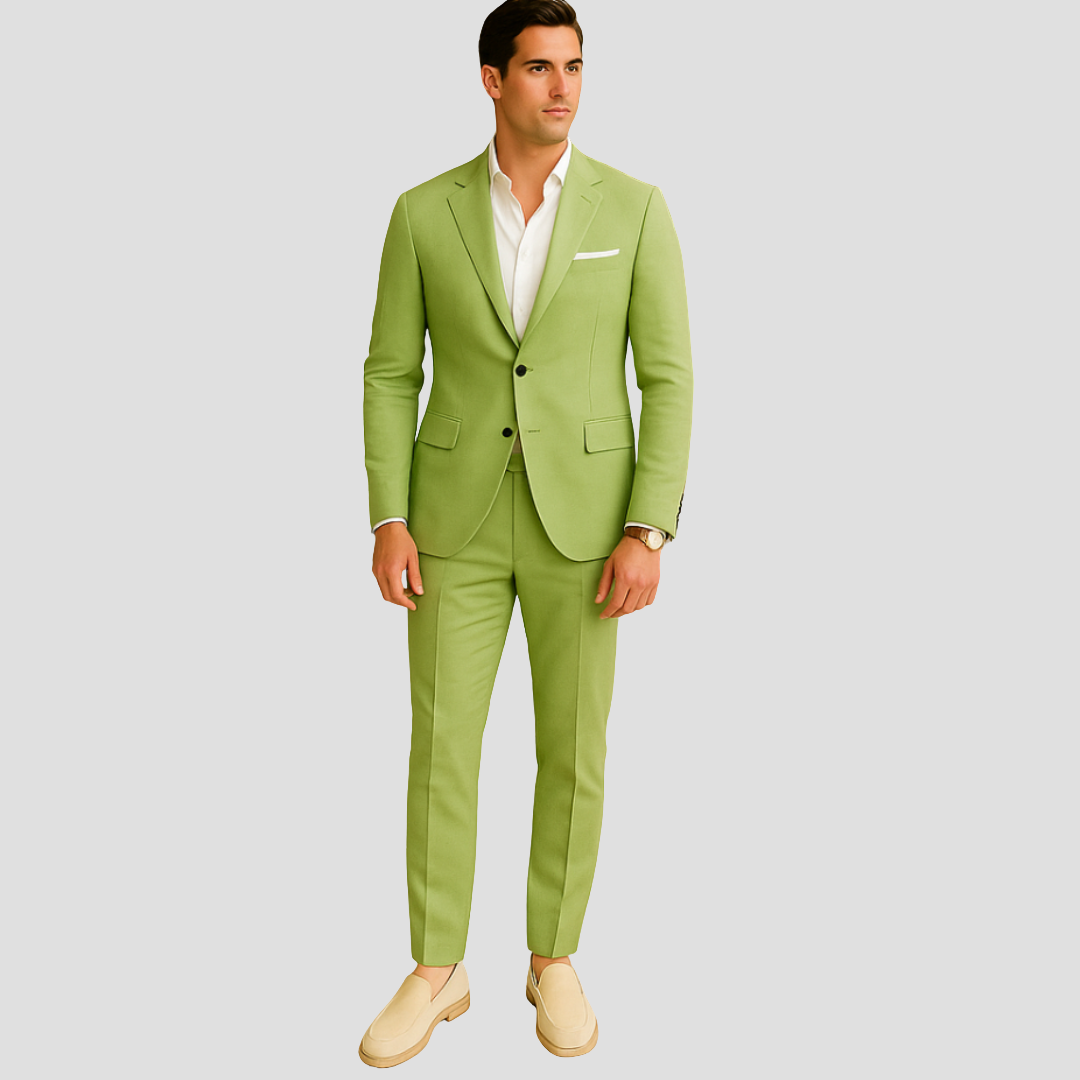 Modern fit men's summer suit. Elegant two-piece for stylish event attire, perfect for formal & smart casual looks.