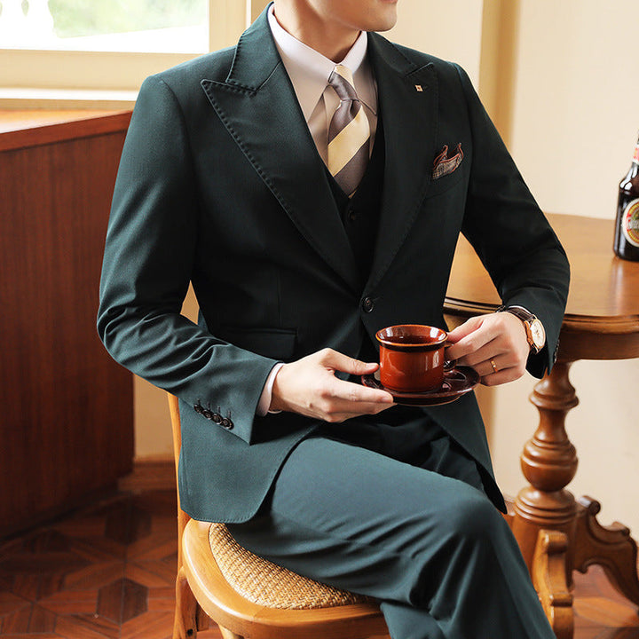 Camel men's three-piece formal suit, tailored for events & gentlemen's fashion.