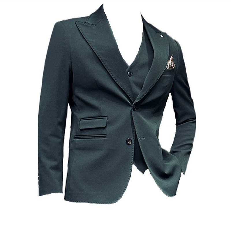 Men's elegant three-piece wedding suit, tailored fit for a sophisticated groom.