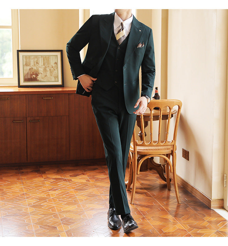Gentlemen's three-piece formal suit, slim fit event wear for sophisticated occasions.