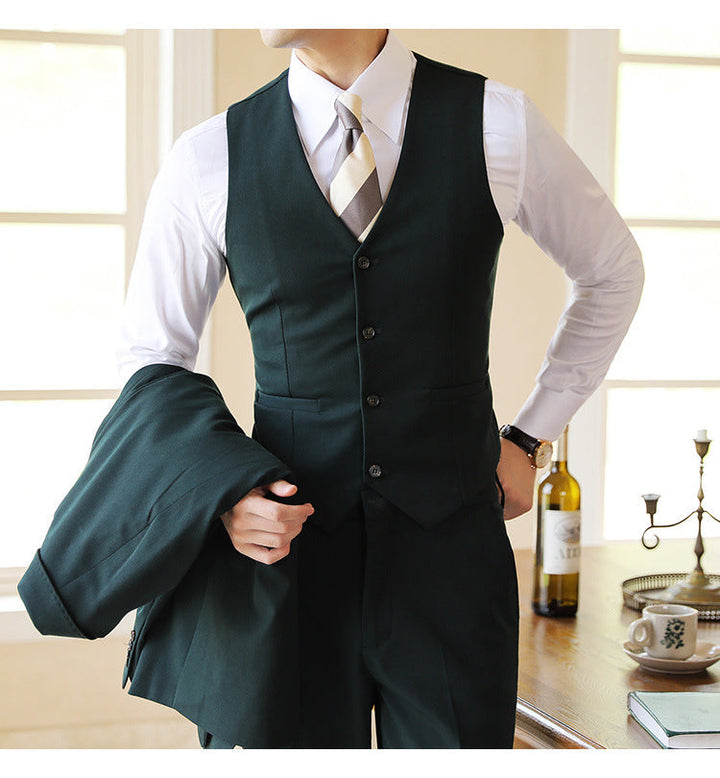 Versatile men's three-piece formal suit, perfect for weddings, events & business.