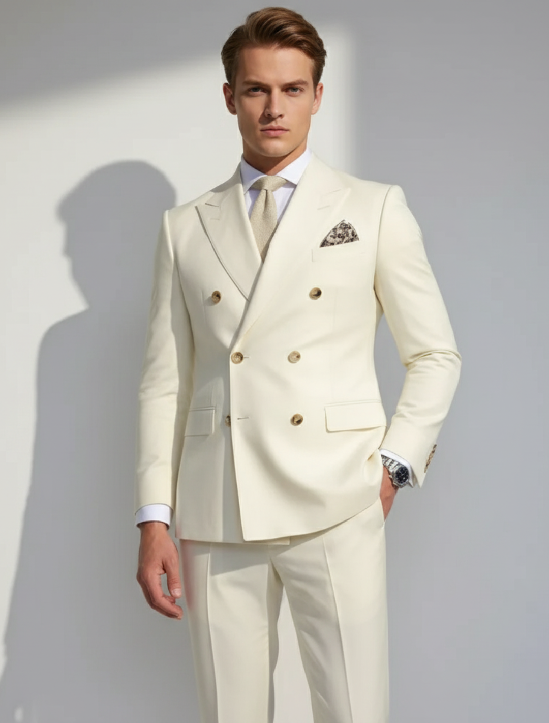 Elegant Men's white two-piece suit with sophisticated gold accents, perfect for formal occasions & party wear.