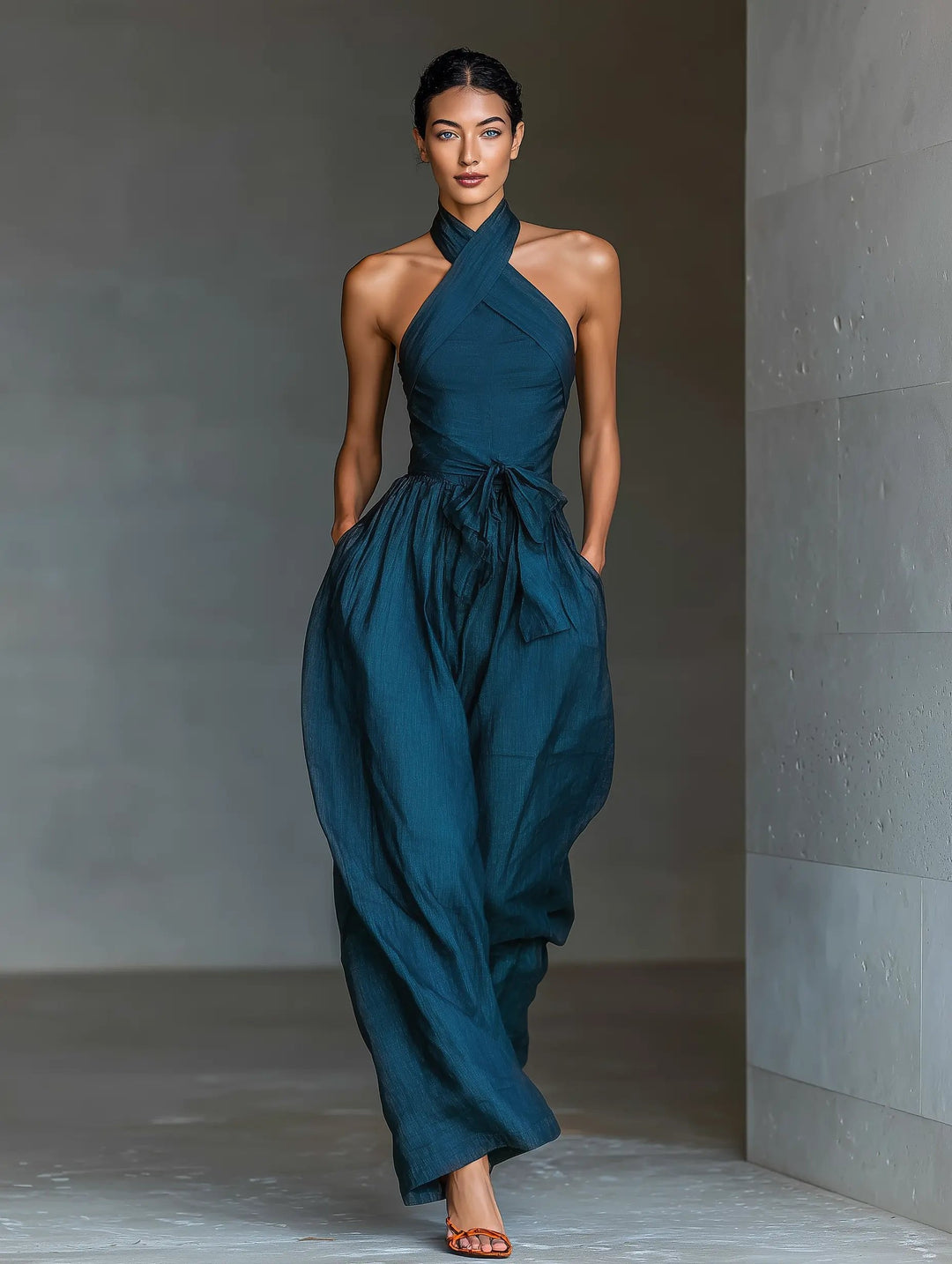 Chic women's navy halter jumpsuit with a flowy wide leg, ideal for evening wear or vacation style.