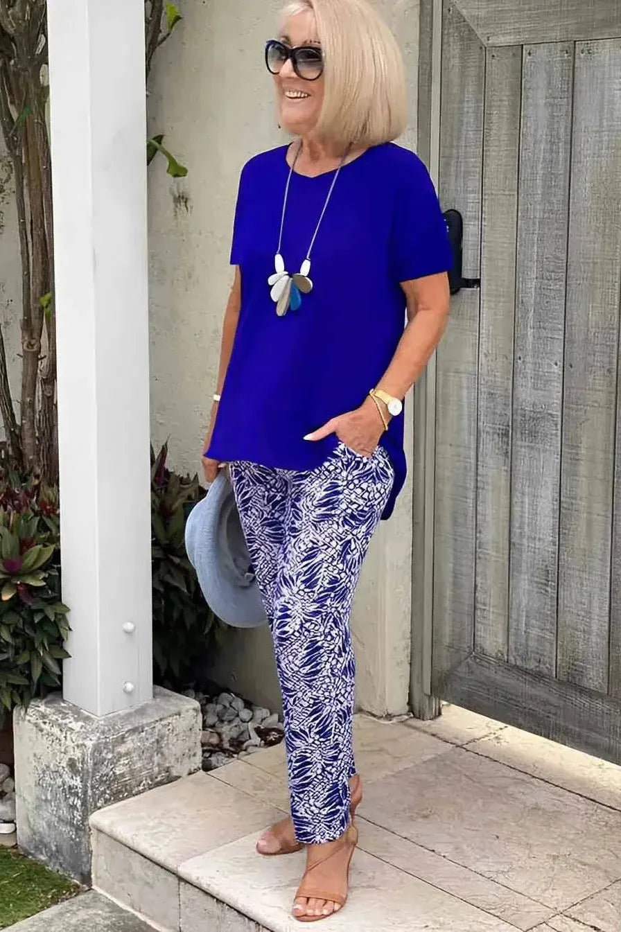 Women's comfortable navy blue patterned blouse, an elegant and stylish top for versatile fashion.