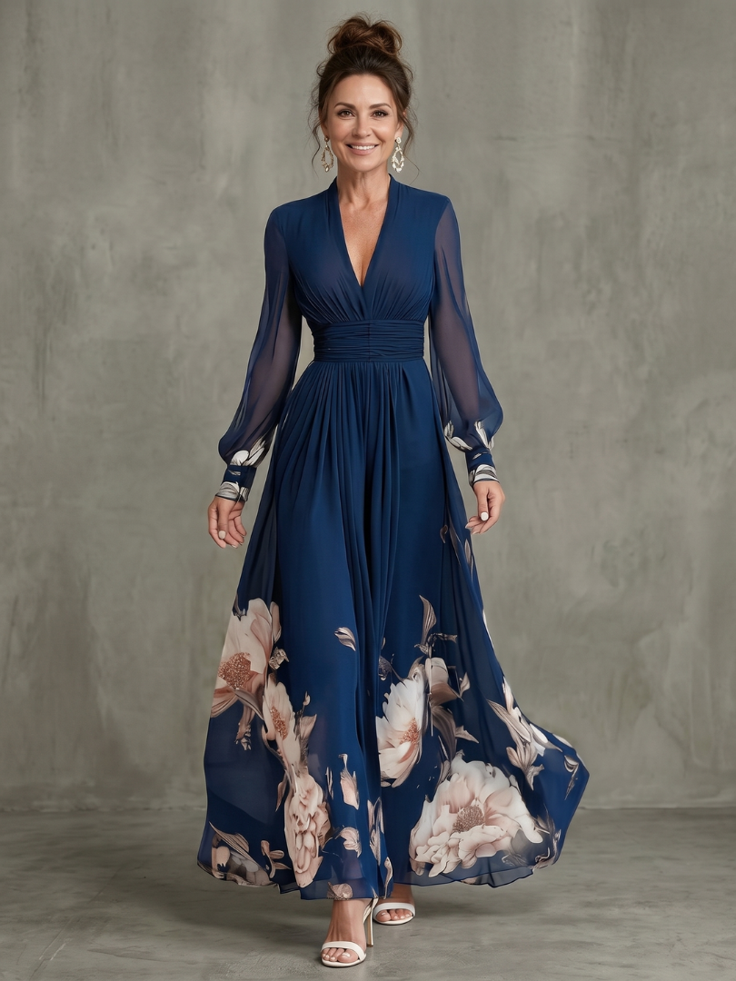 Elegant navy V-neck pleated maxi dress for women, featuring sheer long sleeves. Perfect for formal events.