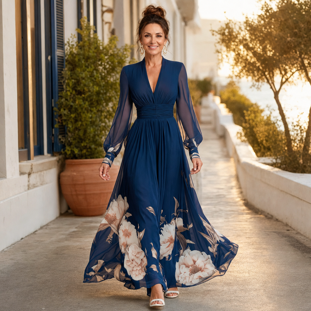 Sophisticated women's navy maxi dress with V-neck, sheer sleeves, and a flowing pleated skirt. Ideal for evening wear.