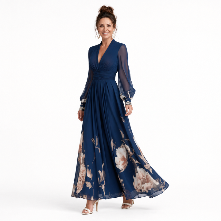 Flowy elegant women's V-neck pleated maxi dress in navy, with delicate sheer long sleeves. Stylish for parties.