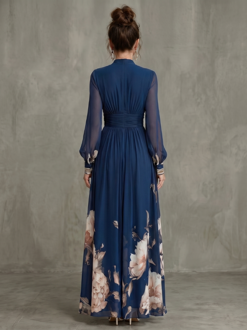 Chic navy V-neck pleated maxi dress for women, featuring sheer long sleeves. Versatile for formal or party wear.
