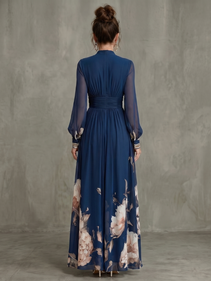Chic navy V-neck pleated maxi dress for women, featuring sheer long sleeves. Versatile for formal or party wear.