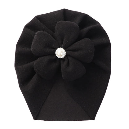 Stylish grey baby turban hat with a charming pearl embellishment, suitable for any baby.