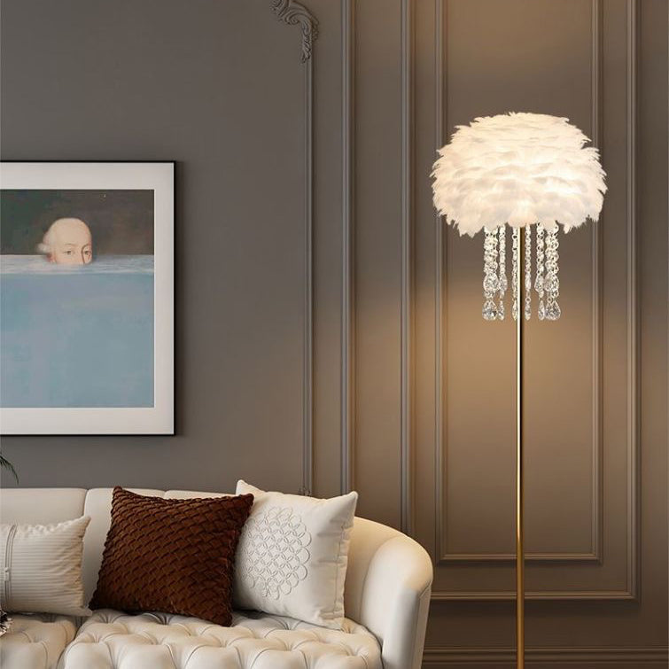 Chic Nordic style floor lamp with elegant feathers and sparkling crystals. Modern home decor lighting.