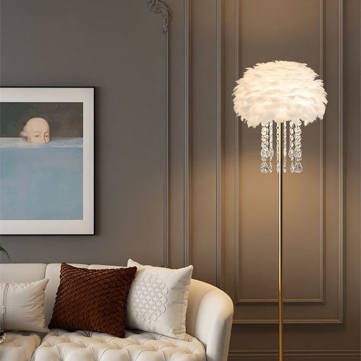 Chic Nordic style floor lamp with elegant feathers and sparkling crystals. Modern home decor lighting.