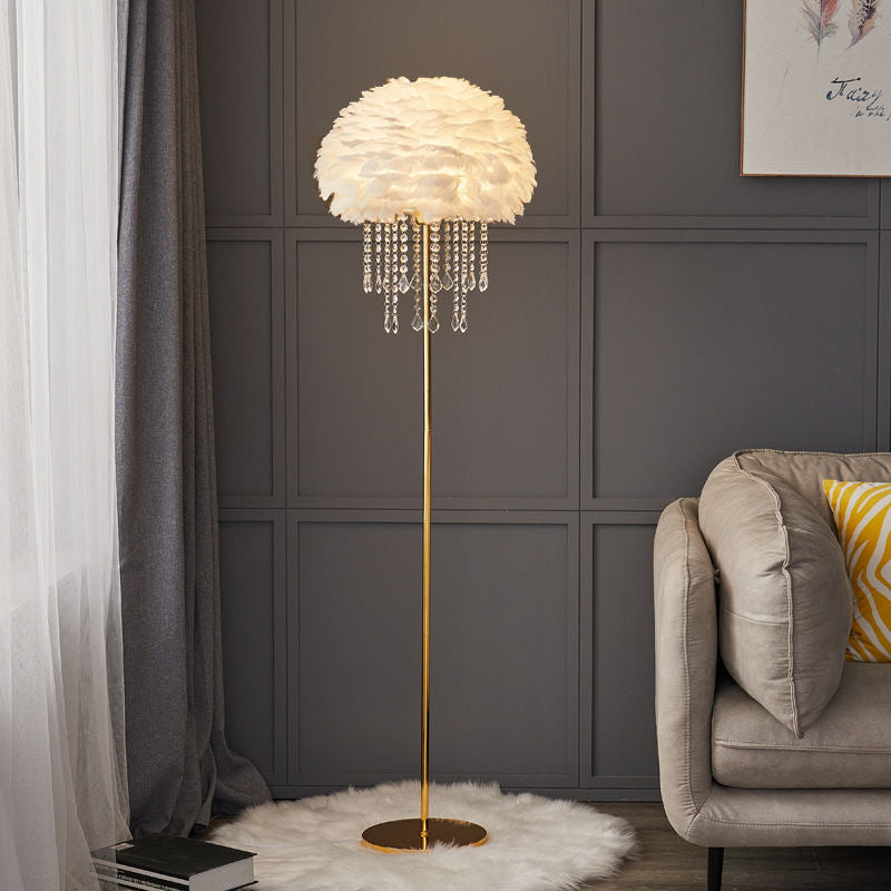 Modern feather lamp with crystal accents. Nordic floor lamp, ideal for elegant bedroom or living room lighting.
