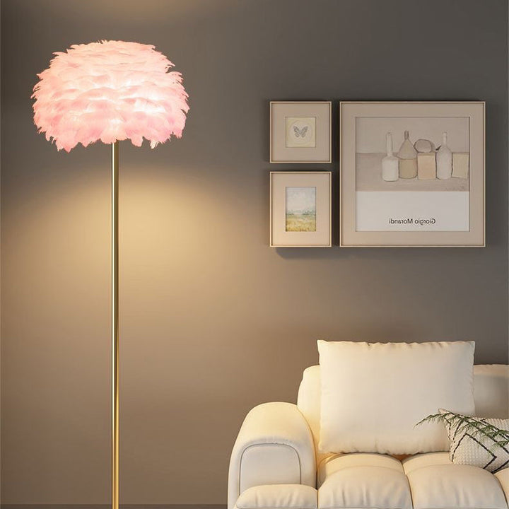 Opulent feather & crystal floor lamp. Nordic style modern lighting, enhances elegant home decor.