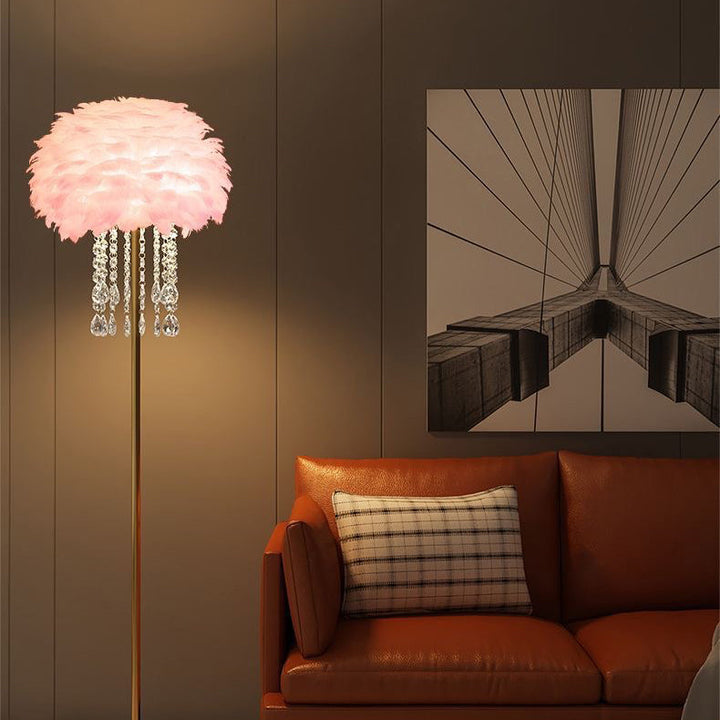 Unique feather and crystal floor lamp, a stunning Nordic style accent for contemporary living rooms.