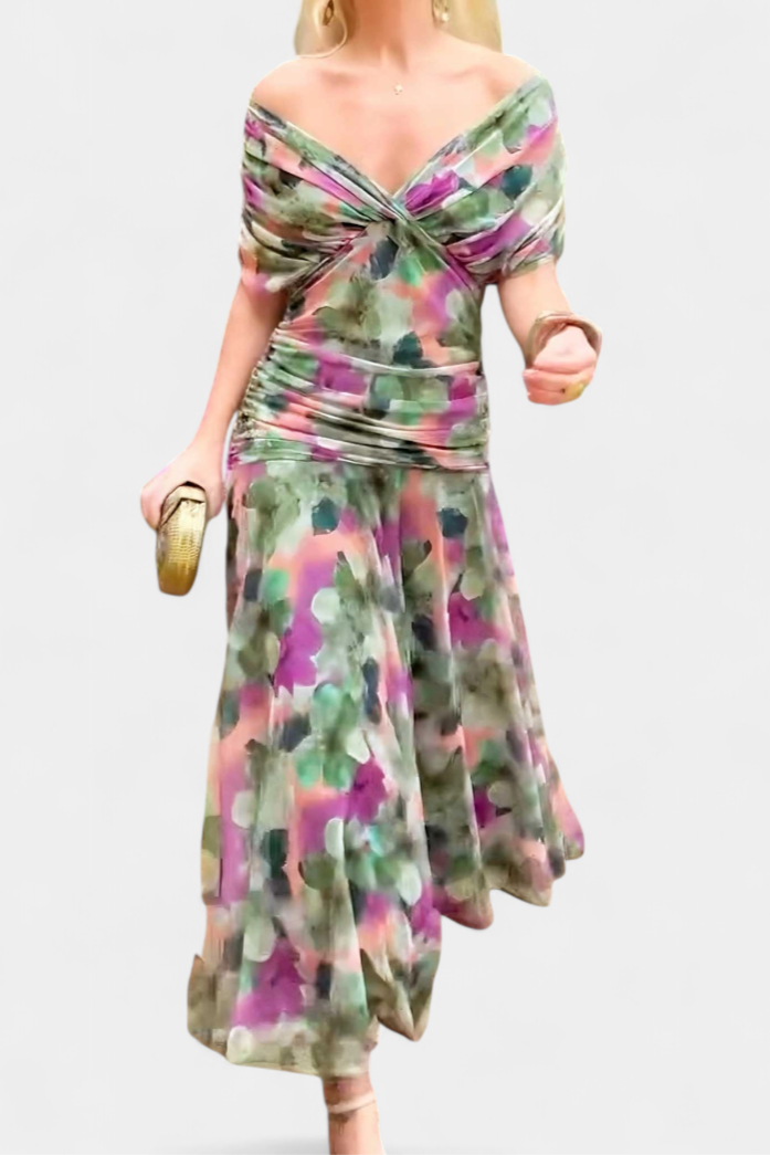 Formal women's maxi dress, featuring a flattering off-shoulder draped design.
