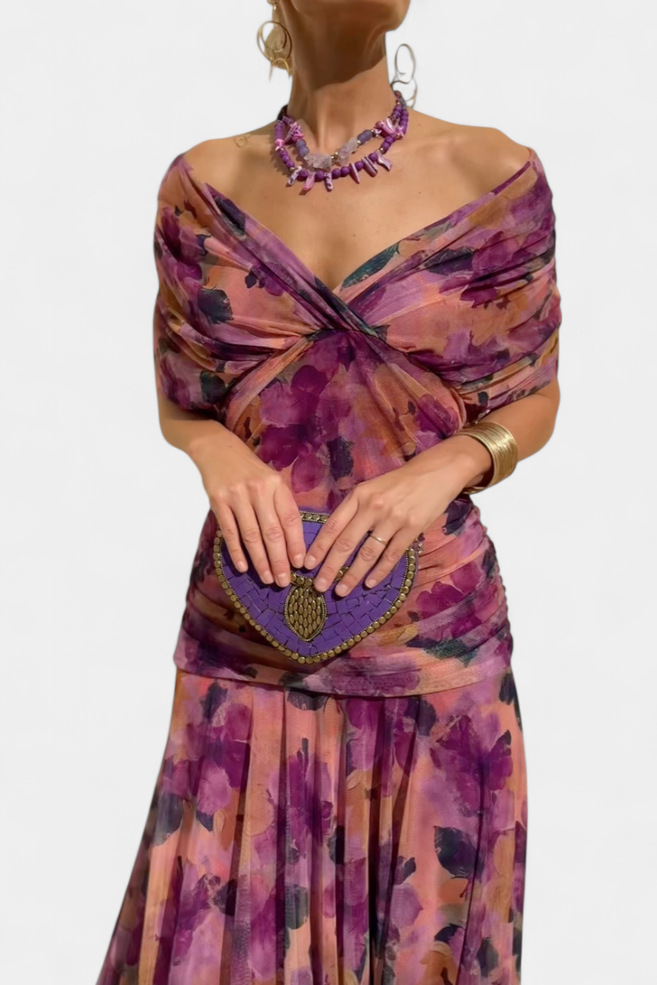 Sophisticated women's off-shoulder long dress, perfect for formal events.