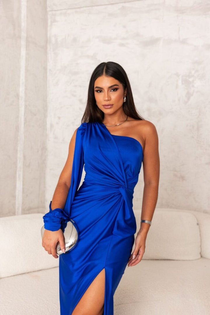 Elegant black one-shoulder ruched maxi dress, a perfect formal evening gown for women.