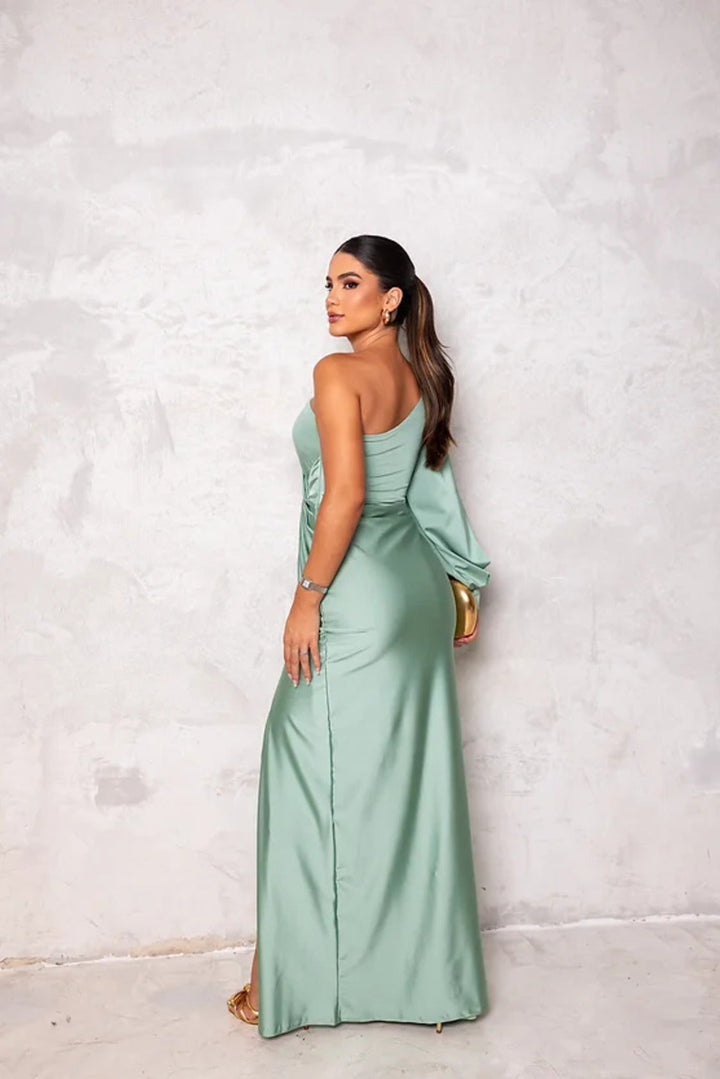 Beautiful ruched one-shoulder formal gown for women, ideal for evening events.