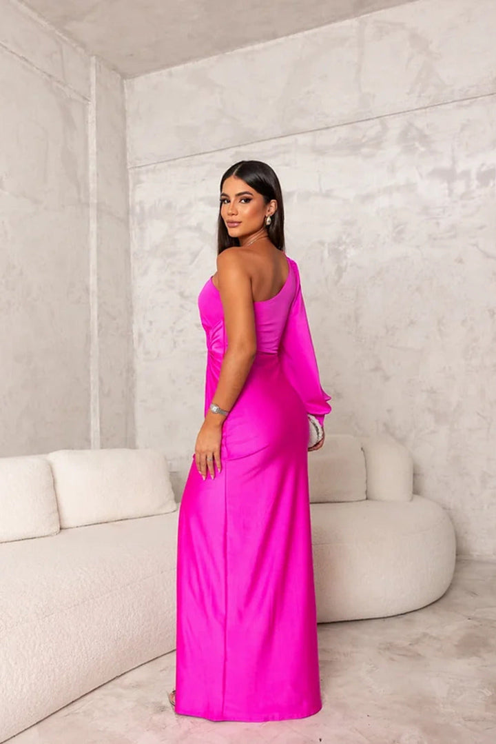 Women's stunning one-shoulder twist maxi dress, a beautiful formal evening gown ideal for wedding guests.