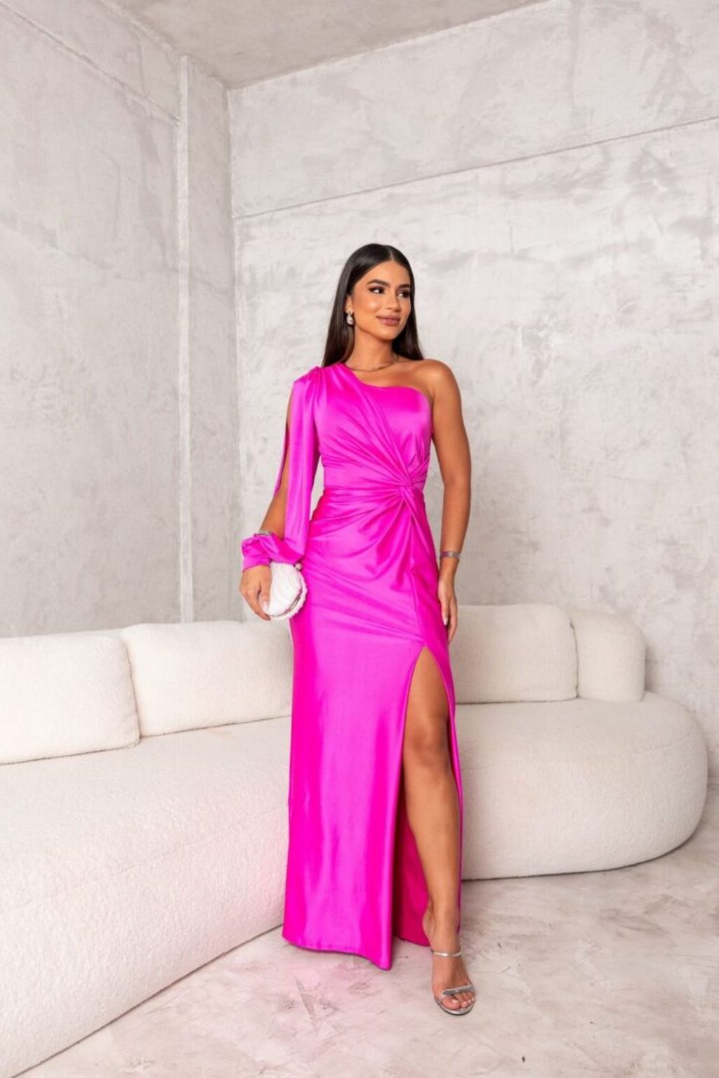 Full-length women's one-shoulder twist front maxi dress, an elegant wedding guest gown for formal events.
