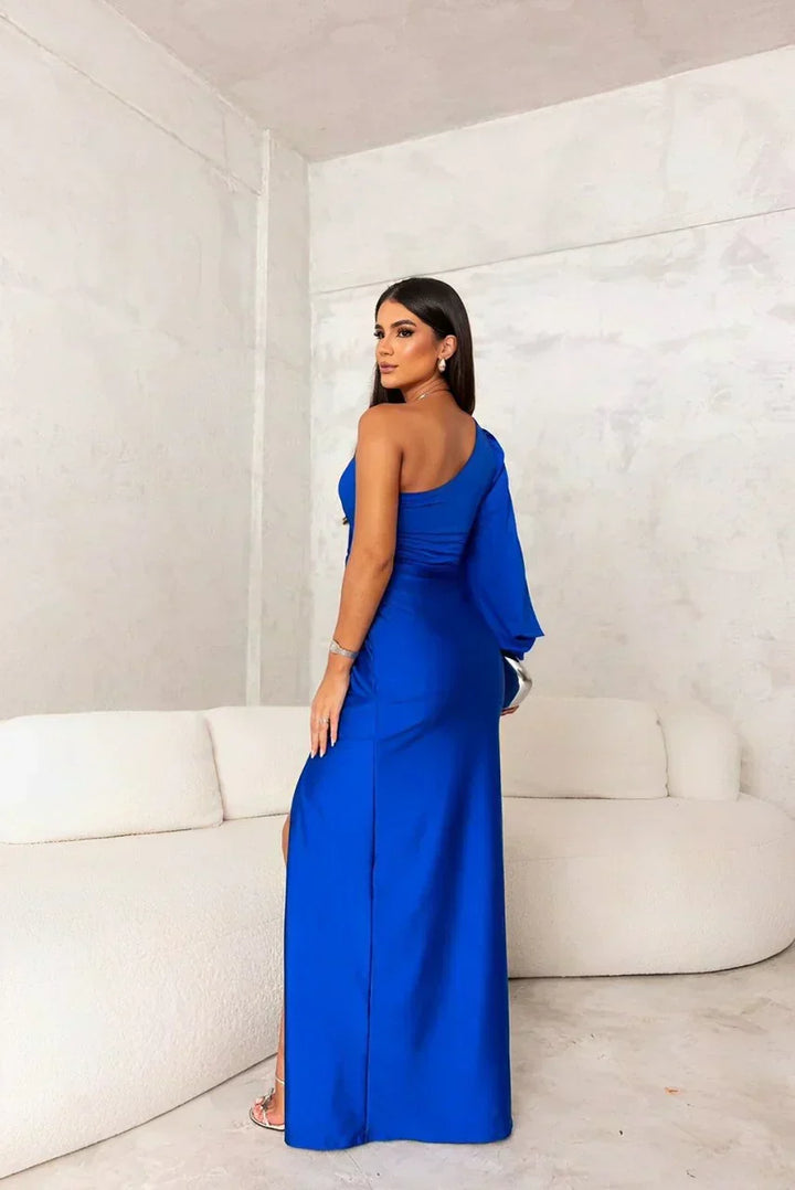 Women's elegant one-shoulder twist maxi dress. Sophisticated long gown for wedding guests & formal parties.