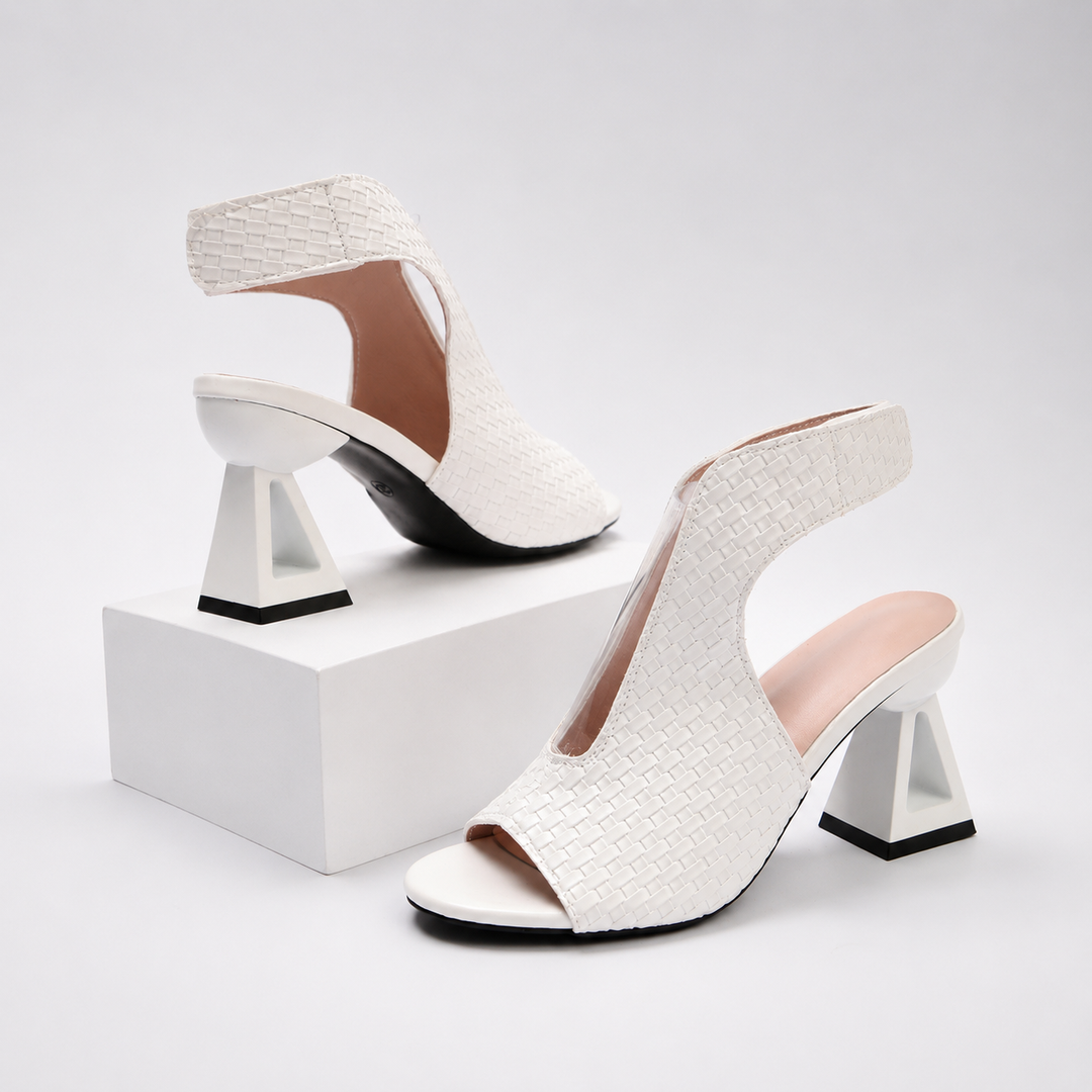 Premium women's open-toe dress heels, elegant and stylish with a unique geometric heel.