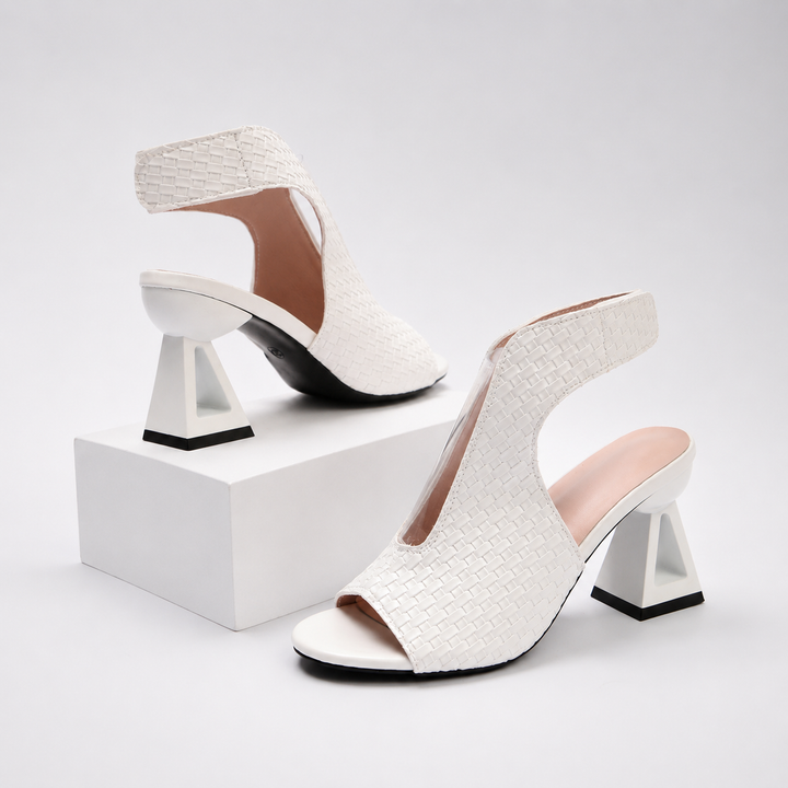 Premium women's open-toe dress heels, elegant and stylish with a unique geometric heel.