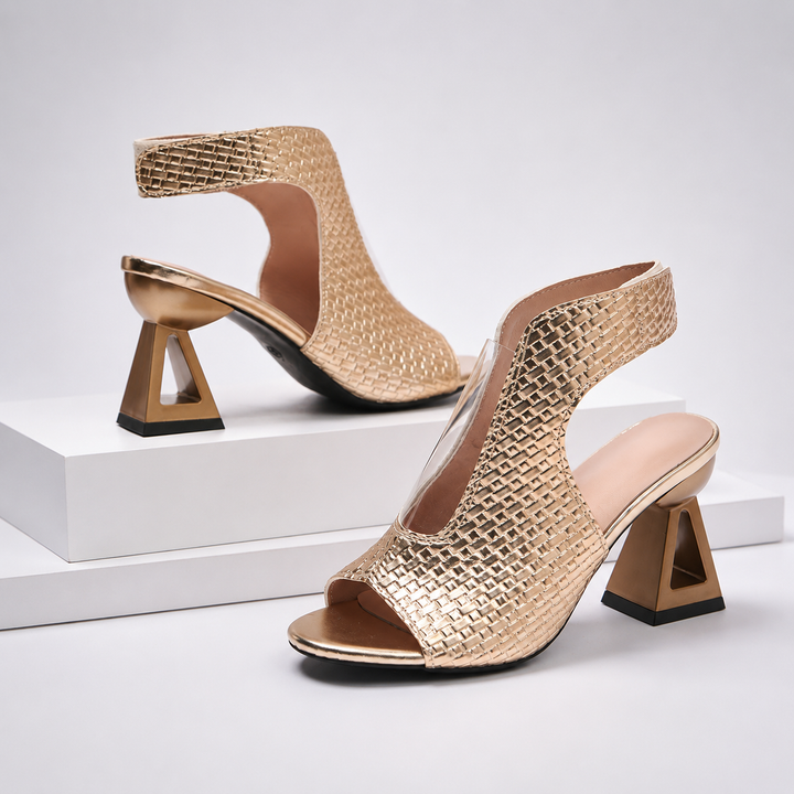 Luxurious open-toe women's party heels with an elegant slingback strap and a modern geometric heel.