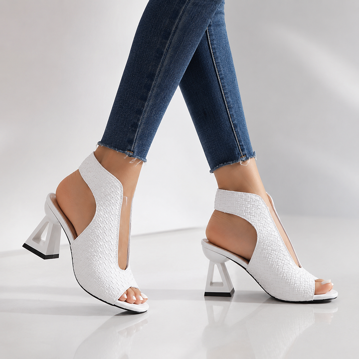 Women's elegant evening wear heels, open-toe with a distinct geometric heel and secure slingback design.